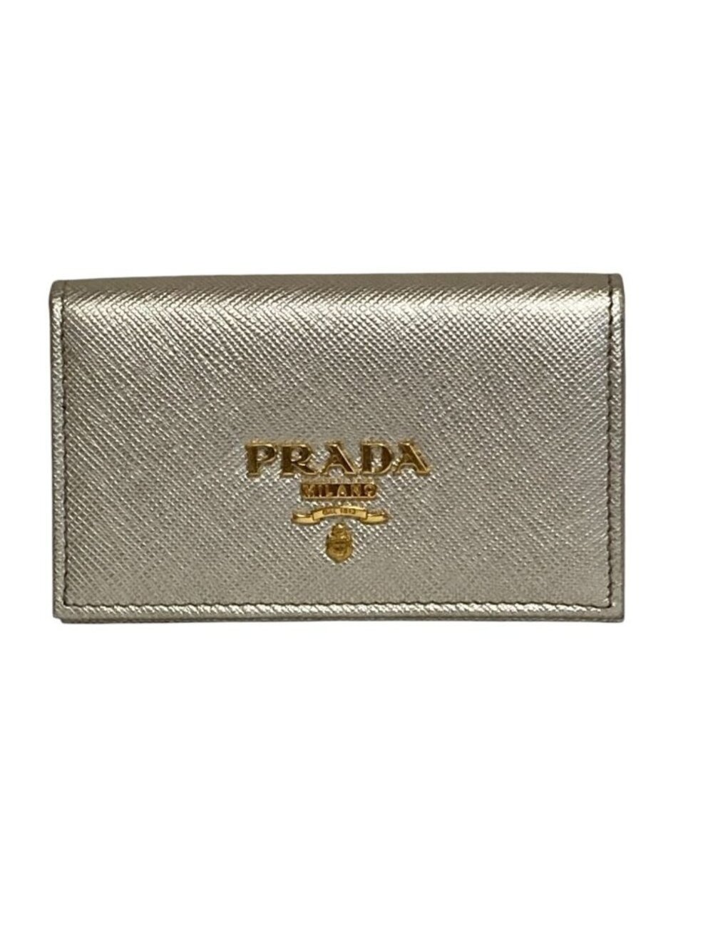 Prada Logo Saffiano Leather Card Case Business Gold Colored